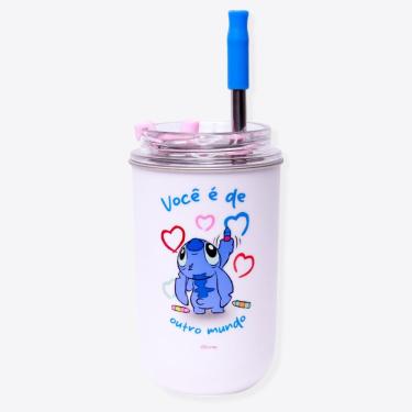 Imagem de Copo com Canudo Copo Neo Stitch e Angel Namorados Disney para Bebidas em Aço Inoxidável e Plástico com Parede Dupla Rosa