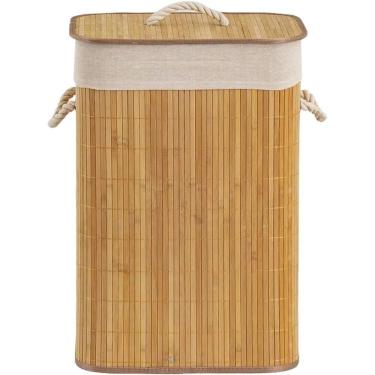 Imagem de Cesto de Roupa Suja Dobrável Organizador Retangular em Bambu Forrado para Banheiro e La...