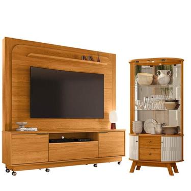 Imagem de Estante Home Theater Nilo Com Rodízios Cinamomo Com Cristaleira Moss Cinamomo Off White - Madetec