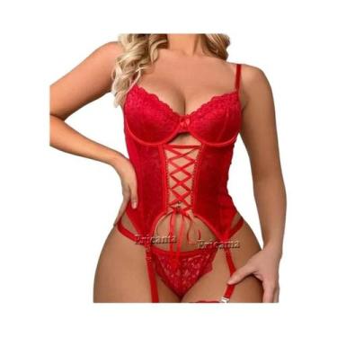 Imagem de Conjunto De Lingerie Sexy Feminina Em Renda Com Sutiã, Calcinha E Saia