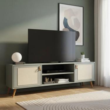 Imagem de Rack Viena Com Pés De Madeira Tela Natural e Couro 160cm