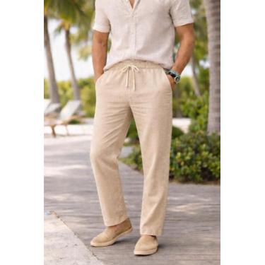 Imagem de Calça Linho Leve Bege Masculina Praia Cordão Ajustável Premium Alta Qu
