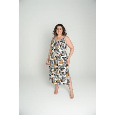 Imagem de Vestido Midi Alças Largas Linho Estampado Preto e Bege - Maria do Ingá