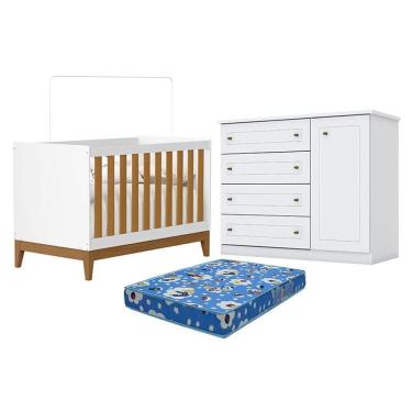 Imagem de Kit Berço Americano Flip Savana e Cômoda Infantil com Colchão Espuma MDF Branco Acetinado Móveis Henn