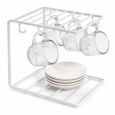 Imagem de Suporte Porta Xícaras E Pires 6 Ganchos Metal Branco Cantinho Do Café 