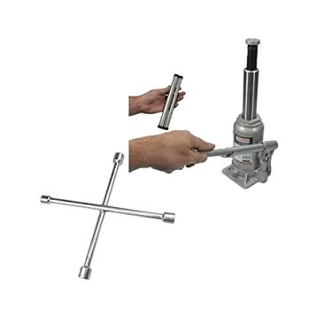 Imagem de Kit Macaco Hidráulico Garrafa 4 Toneladas e Chave de Roda 4 Bocas Starfer