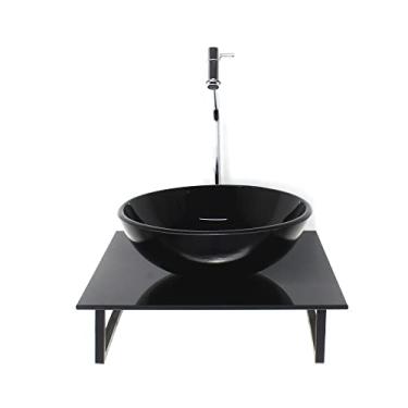 Imagem de KIT CUBA DE VIDRO REDONDA 10MM COM TAMPO DE VIDRO 40CM X 40CM PRETO FULL E SUPORTE TORNEIRA VALVULA