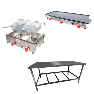 Imagem de Kit Lanchonete Mesa de Manipulação 120x55cm + Fritadeira a Gás 2 Cuba + Chapa a Gás 90cm Alcamar