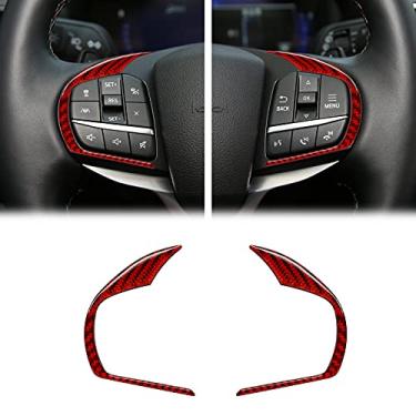 Imagem de SUNJIKA Compatível com 2 peças de fibra de carbono central Cpnsole painel de volante, moldura de botão, decoração adesiva, acessórios interiores para Ford Explorer 2020 2021 (vermelho)