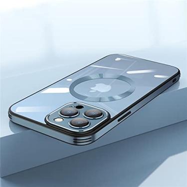 Imagem de FCSWEET Capa compatível com iPhone 14 Plus, capa traseira de acrílico magnético transparente com filme de lente de vidro e armação de lente de metal, alto-falante, tela contra poeira para mulheres e homens