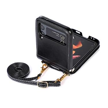 Imagem de Capa de telefone transversal lisa para Samsung Galaxy Z Flip 4 3 5G compartimento para cartões de crédito capa traseira de couro com cordão, preta, para Galaxy Z Flip4 5G