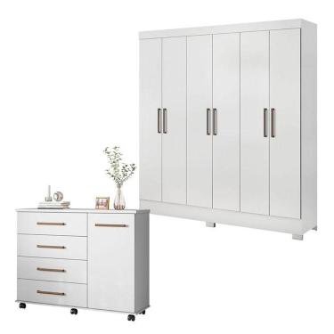 Imagem de Cômoda Flora e Guarda Roupa Casal Prático Branco - Demóbile