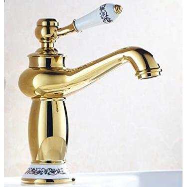 Imagem de Lavatório de latão Torneiras de latão maciço Torneiras misturadoras de água de alça única Torneira de banheiro com guindaste de banho Acabamento em bronze antigo, ouro, tamanho único