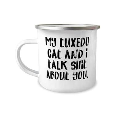 Imagem de Presente sarcástico para gatos de smoking, My Tuxedo Cat and I Talk Shit About You, linda caneca de acampamento de 355 ml para amigos de amigos