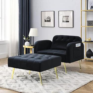 Imagem de Chaise Lounge Cadeira para Quarto, Sofá-Cama Individual de Veludo com Encosto Ajustável, Cadeira de Dormir Conversível 2 em 1 Interior, Cadeira Tufada Moderna com Almofada e Otomano para Sala de Estar Escritório