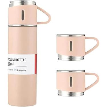 Imagem de Garrafa térmica para bebidas quentes e frias isolada 500ML de aço inoxidável à prova de vazamento com 3 xícaras/Canecas de café ou água para o a sua viagem acampamento, trabalho, escola e faculdade (ROSA)
