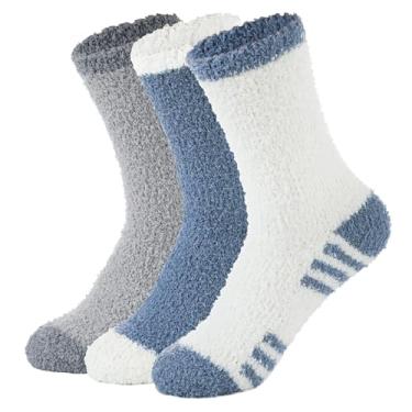 Imagem de Meias felpudas masculinas meias de chinelo macias e aconchegantes meias unissex outono inverno meias quentes para dormir meias de lã femininas brancas e azuis e cinza claro, Branco,