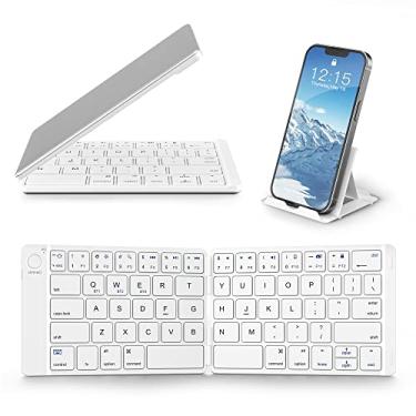 Imagem de Samsers Teclado Bluetooth dobrável – Teclado portátil sem fio de tamanho completo (Sincronização até 3 dispositivos), teclado dobrável de alumínio ultrafino para viagem, para iPhone, iPad, Mac, Android, Windows iOS, branco e prata