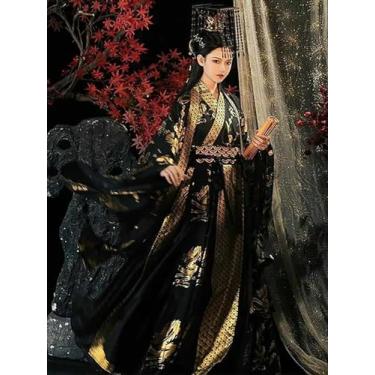 Imagem de Vestido feminino antigo tradicional bronze Hanfu Halloween rainha cosplay fantasia Hanfu preto conjunto de 3 peças plus size GG