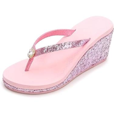 Imagem de Chinelo feminino com strass e purpurina, novo plataforma, chinelos para o verão, Rosa com strass, 8.5