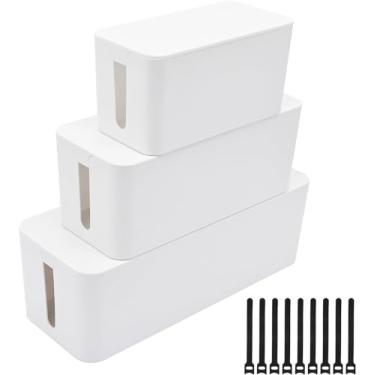 Imagem de YaeCCC Caixa organizadora de gerenciamento de cabos elétricos Hider Power Strips Hider Power Cords Hider para mesa, TV, computador, cubo USB, fios (conjunto de três) branco