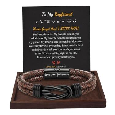 Imagem de Presentes de Natal para homens pulseira de couro marrom preto trançado Forever I Love You presentes para ele pulseiras de punho infinito presentes de aniversário para namorado filho neto marido pai homens meias de enchimento para meninos adolescentes, 9 Inches, Metal, Sem pedras preciosas