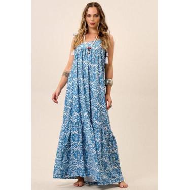 Imagem de Vestido Longo De Alças Com Recorte Assimétrico Azul Estampado Yacamim