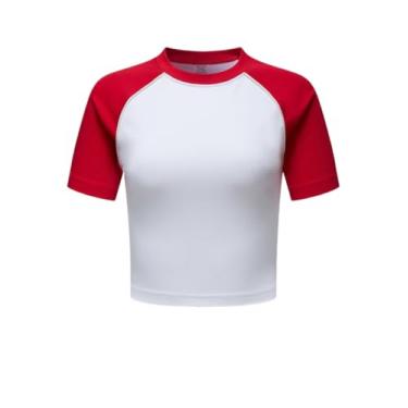 Imagem de T-shirt de gola redonda para mulher, t-shirt de manga curta, ultra curta, t-shirt sem mangas, roupa de verão personalizada e moderna, Vermelho e Branco, S plus pantaloncini