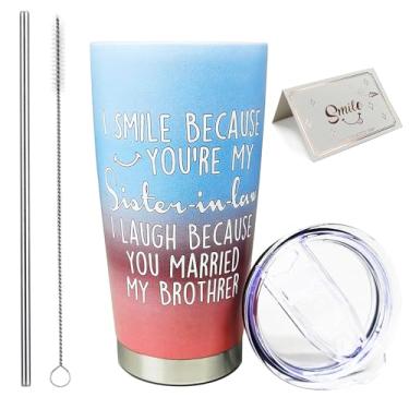 Imagem de CTIGERS Copo engraçado de irmã na lei com tampa e canudo presentes para aniversário de cunhada, Natal, Dia de Ação de Graças, presentes de casamento para Sister Law 590 g Azul Vermelho Gradiente