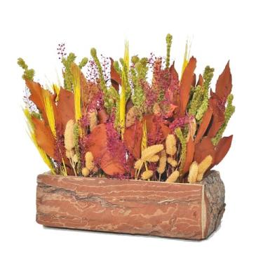 Imagem de Arranjo De Flores Secas Para Mesa Tons Verdes Jardineira Rústica De Madeira