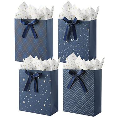 Imagem de KomoLeay Pacote com 4 sacos de presente de tamanho médio de 23 cm, sacos de presente azuis premium sortidos com papel de seda para aniversários, chá de bebê, casamentos, lembrancinhas de festa,