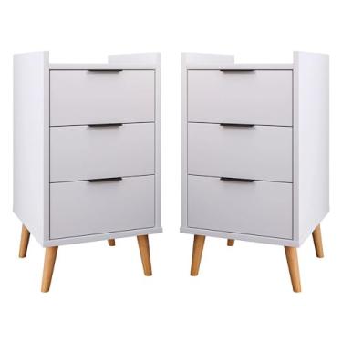 Imagem de Kit Com 2 Mesas de Cabeceiras Retrô Pés Palito - Toni - 3 Gavetas - Cor: Branco - Lojas K7