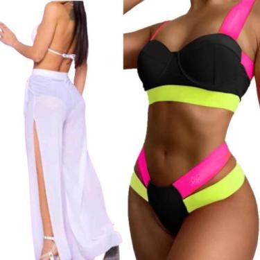 Imagem de Kit Calça Tule + Biquini Neon Tiras Grossa Modelo Gringa, Calça pantal