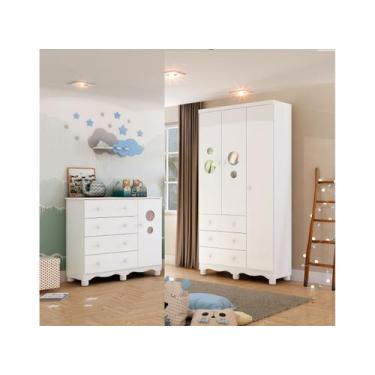 Imagem de Guarda Roupa e Cômoda Bolinha Moveis Peroba MDF 03 portas, Branco