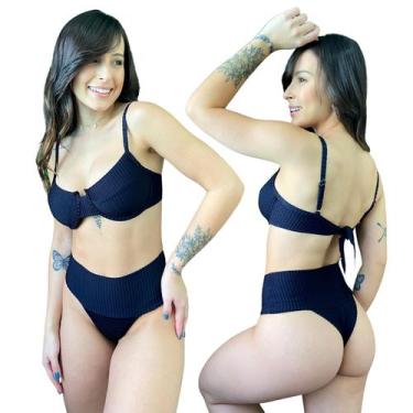 Imagem de Biquíni Hot Pants Faixa Meia Taça Retrô Com Bojo Canelado Mônaco Preto