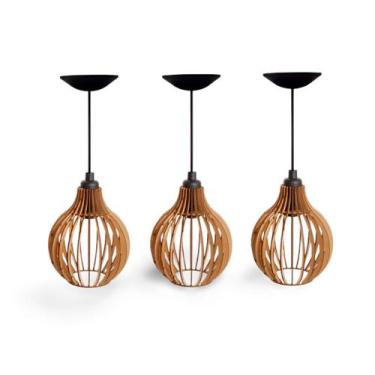 Imagem de 03 Pendentes Coquinho De Madeira Mdf Cor Cru Para Balcão De Cozinha - 