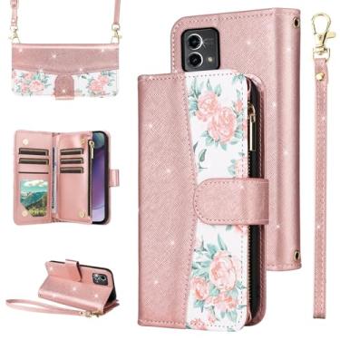 Imagem de Furiet Capa carteira floral para Motorola Moto G Stylus 5G 2023 com fecho de correr alça de ombro luxuosa com glitter couro PU suporte para cartão capa de telefone para GStylus G5 XT2317DL ouro rosa