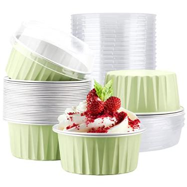 Imagem de EUSOAR Embalagens de cupcake de alumínio, 30 peças, recipientes descartáveis de folha de alumínio de 142 g com tampas, copos de sobremesa com tampas, mini forma de cheesecake de alumínio, creme