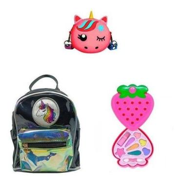 Imagem de Mochila Preta Unicórnio, Bolsa E Maquiagem Morango Infantil - Skin Zab