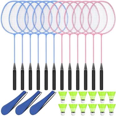 Imagem de Chitidr Pacote com 12 raquetes de badminton, incluindo raquetes, petecas de nylon e bolsa de transporte para iniciantes em jogos de quintal ao ar livre (rosa claro, azul claro)