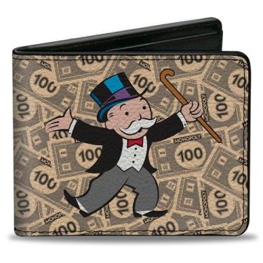 Imagem de Buckle-Down Hasbro Wallet, Bifold, Mr Monopoly Rich Uncle Pennybags Pose 100 notas de dinheiro empilhadas, couro vegano, Multicor, 4.0" x 3.5", Casual
