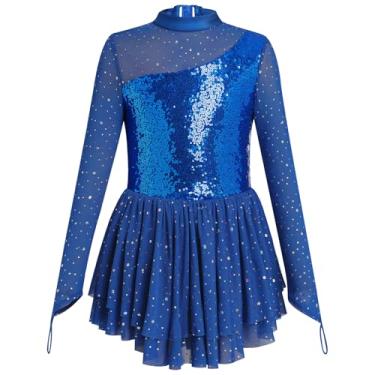 Imagem de Collant de ginástica rítmica com lantejoulas brilhantes e gola redonda para patinação no gelo com saia de chiffon, Azul, 5-6 Anos