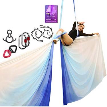 Imagem de Conjunto de equipamentos de luxo de sedas aéreas para yoga aérea, rede de yoga aérea, acrobacia aérea, artes de circo, dança aérea (G: 10 m L: 2,8 m, Gradual Change Blue