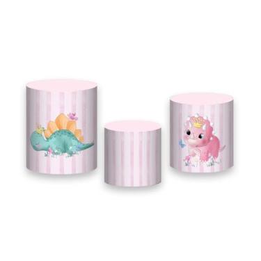 Imagem de Trio De Capa Cilindro - Dinossauro Aquarela Rosa com Folhagens 003 - V