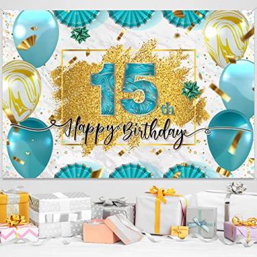Imagem de Faixa de fundo dourada azul-petróleo Happy 15th Birthday Decorações de fundo de 15 anos de idade para meninas, meninos, fotografia, decoração de festa, suprimentos de glitter