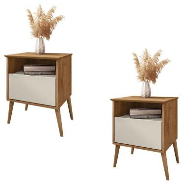 Imagem de Mesa de Cabeceira Kit 2 45cm 1 Gaveta Caribe B02 Naturalle/Off White -