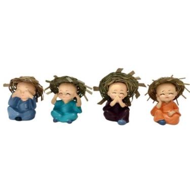 Imagem de Enfeite 4 Uni Mini Monges C/ Chapéu Budas Sabedoria Cego Surdo Mudo 6c