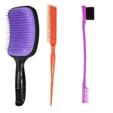 Imagem de Kit Escova Cabelo Raquete, Pente 3 Fileiras Fitagem, Pente Baby Hair S