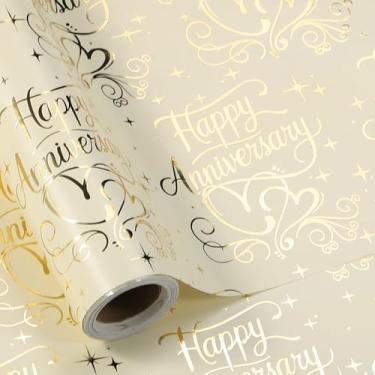 Imagem de LeZakaa Rolo de papel de embrulho Happy Anniversary - Mini rolo - Aniversário e corações de folha dourada, lembrancinhas de festa de aniversário de casamento dourado para casais, amigos e pais - 43,2