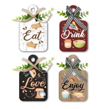 Imagem de PH PandaHall Placa de madeira com 4 estilos, decoração de parede, comer, tábua, madeira, comer, beber, desfrutar, amar, fazenda, bandeja em camadas com corda de cânhamo, decoração de parede para casa,